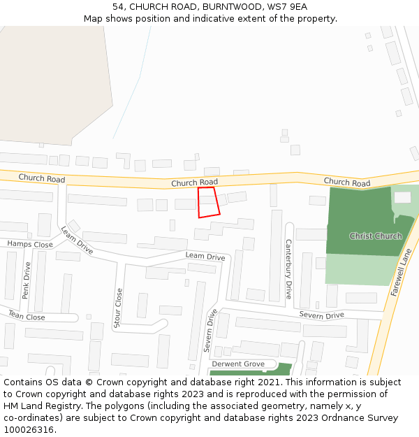 54, CHURCH ROAD, BURNTWOOD, WS7 9EA: Location map and indicative extent of plot