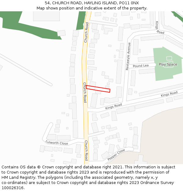 54, CHURCH ROAD, HAYLING ISLAND, PO11 0NX: Location map and indicative extent of plot