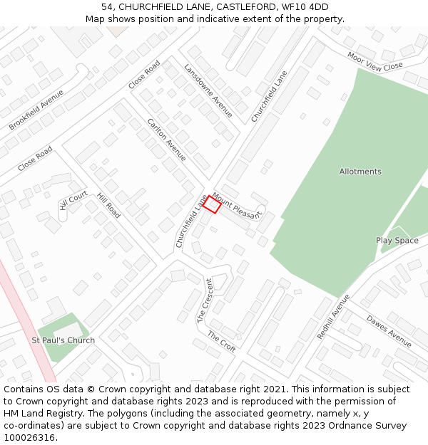 54, CHURCHFIELD LANE, CASTLEFORD, WF10 4DD: Location map and indicative extent of plot