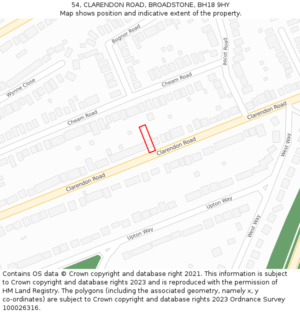 54, CLARENDON ROAD, BROADSTONE, BH18 9HY: Location map and indicative extent of plot