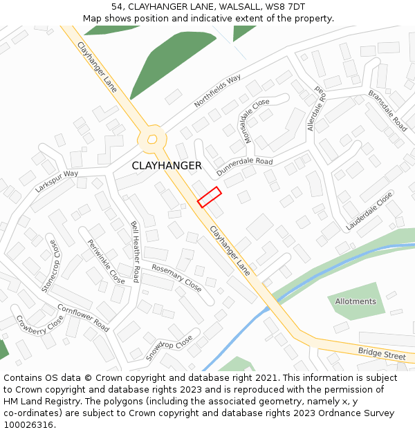 54, CLAYHANGER LANE, WALSALL, WS8 7DT: Location map and indicative extent of plot