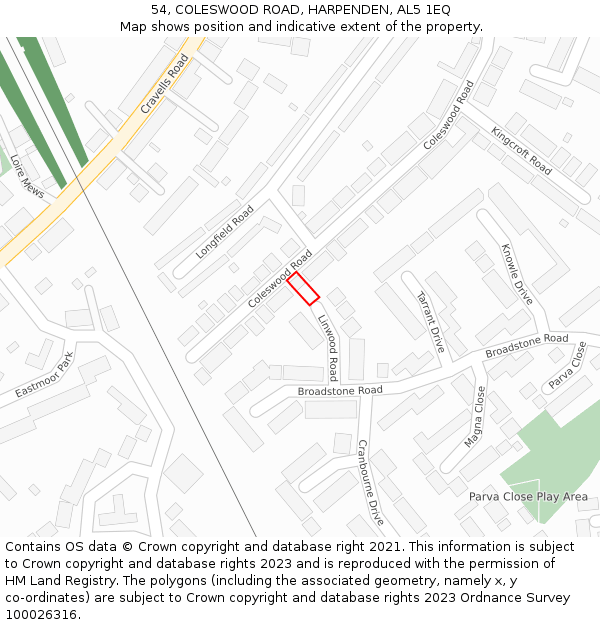 54, COLESWOOD ROAD, HARPENDEN, AL5 1EQ: Location map and indicative extent of plot