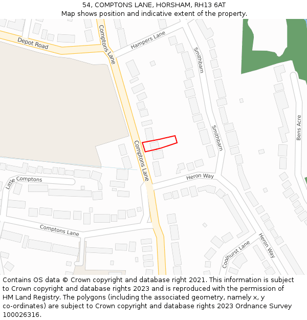 54, COMPTONS LANE, HORSHAM, RH13 6AT: Location map and indicative extent of plot