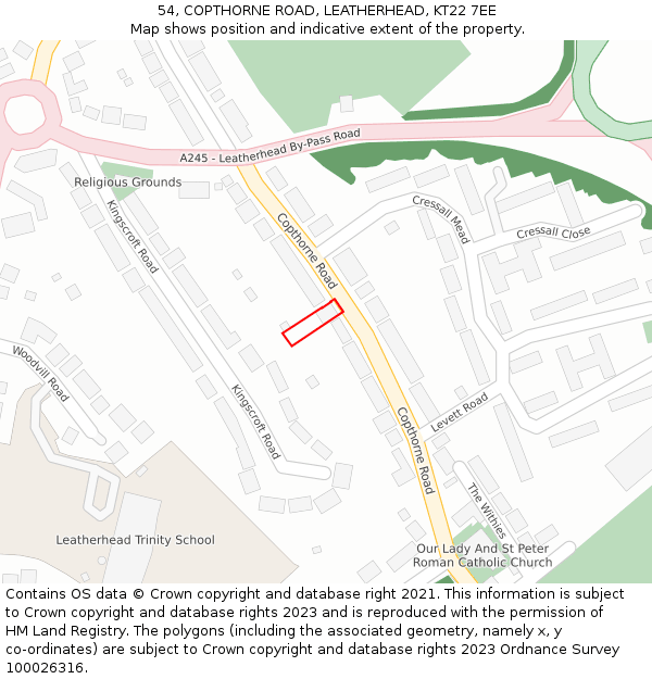 54, COPTHORNE ROAD, LEATHERHEAD, KT22 7EE: Location map and indicative extent of plot