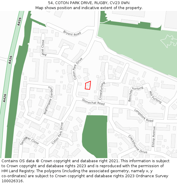 54, COTON PARK DRIVE, RUGBY, CV23 0WN: Location map and indicative extent of plot