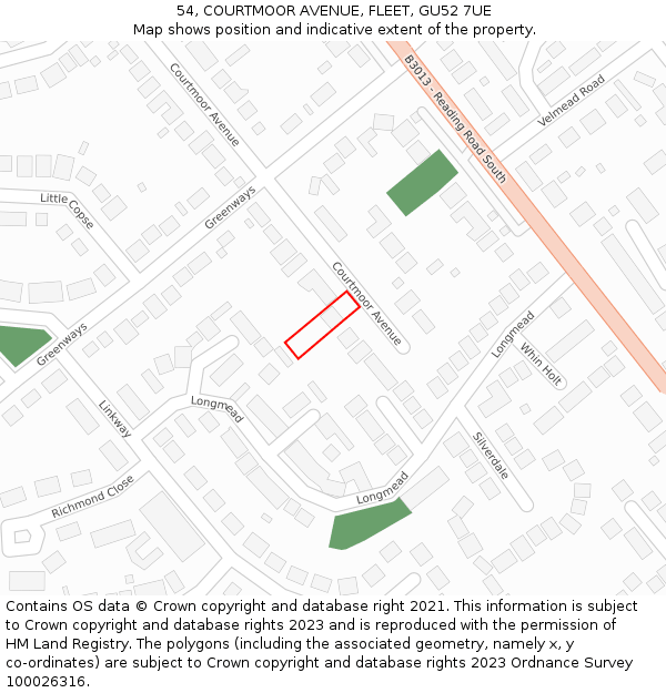 54, COURTMOOR AVENUE, FLEET, GU52 7UE: Location map and indicative extent of plot