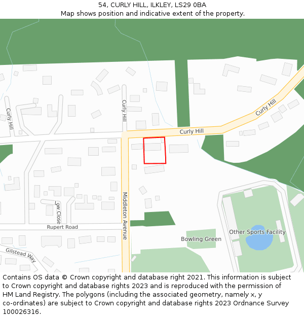 54, CURLY HILL, ILKLEY, LS29 0BA: Location map and indicative extent of plot