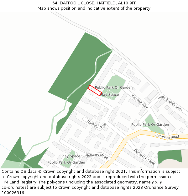 54, DAFFODIL CLOSE, HATFIELD, AL10 9FF: Location map and indicative extent of plot