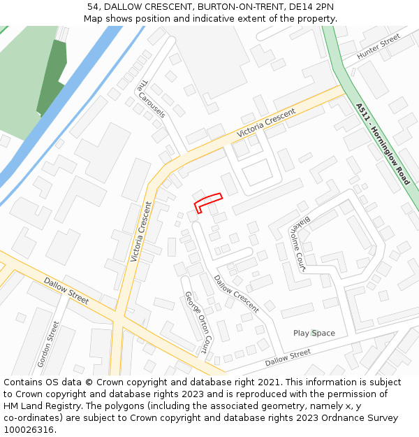 54, DALLOW CRESCENT, BURTON-ON-TRENT, DE14 2PN: Location map and indicative extent of plot