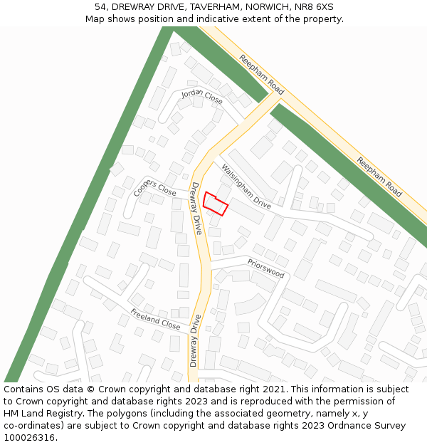 54, DREWRAY DRIVE, TAVERHAM, NORWICH, NR8 6XS: Location map and indicative extent of plot