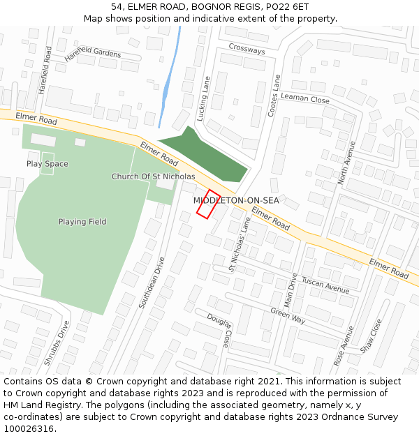 54, ELMER ROAD, BOGNOR REGIS, PO22 6ET: Location map and indicative extent of plot