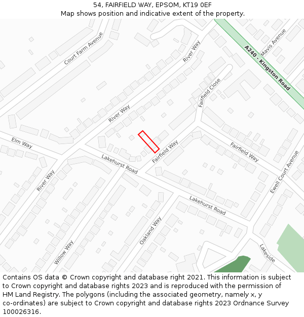 54, FAIRFIELD WAY, EPSOM, KT19 0EF: Location map and indicative extent of plot