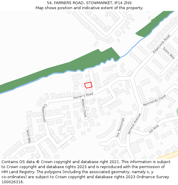 54, FARRIERS ROAD, STOWMARKET, IP14 2NS: Location map and indicative extent of plot