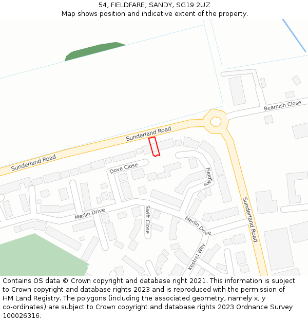 54, FIELDFARE, SANDY, SG19 2UZ: Location map and indicative extent of plot