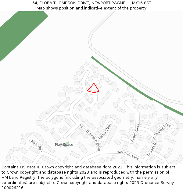 54, FLORA THOMPSON DRIVE, NEWPORT PAGNELL, MK16 8ST: Location map and indicative extent of plot