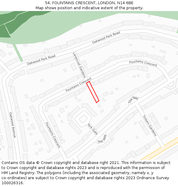 54, FOUNTAINS CRESCENT, LONDON, N14 6BE: Location map and indicative extent of plot