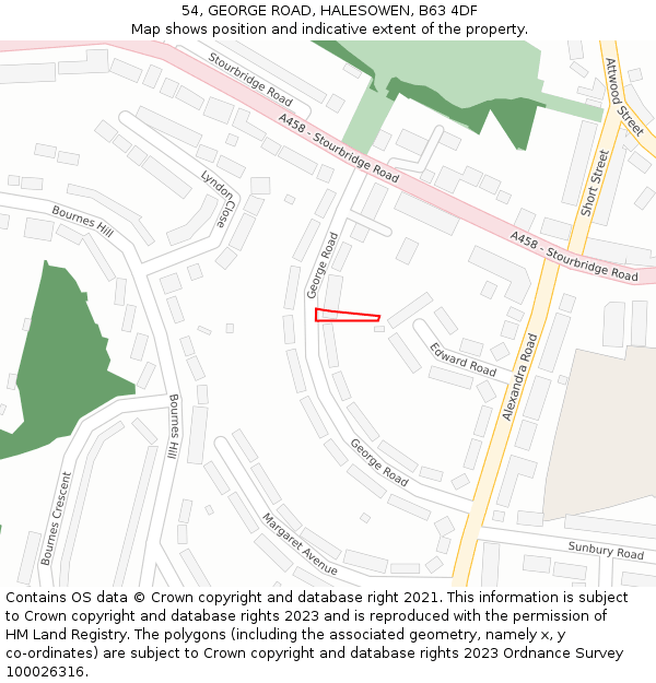 54, GEORGE ROAD, HALESOWEN, B63 4DF: Location map and indicative extent of plot