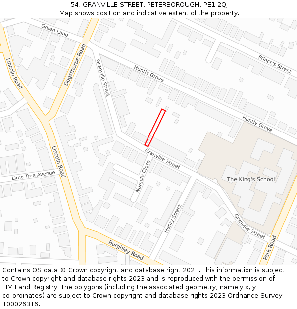 54, GRANVILLE STREET, PETERBOROUGH, PE1 2QJ: Location map and indicative extent of plot