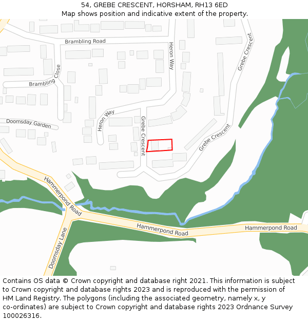 54, GREBE CRESCENT, HORSHAM, RH13 6ED: Location map and indicative extent of plot