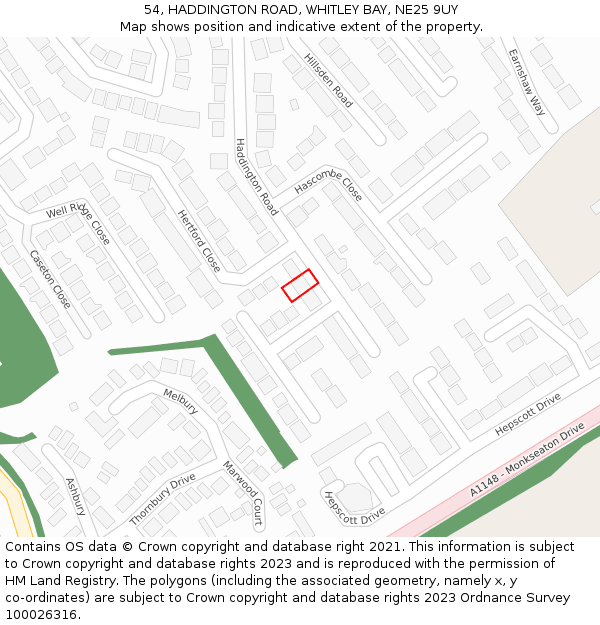 54, HADDINGTON ROAD, WHITLEY BAY, NE25 9UY: Location map and indicative extent of plot