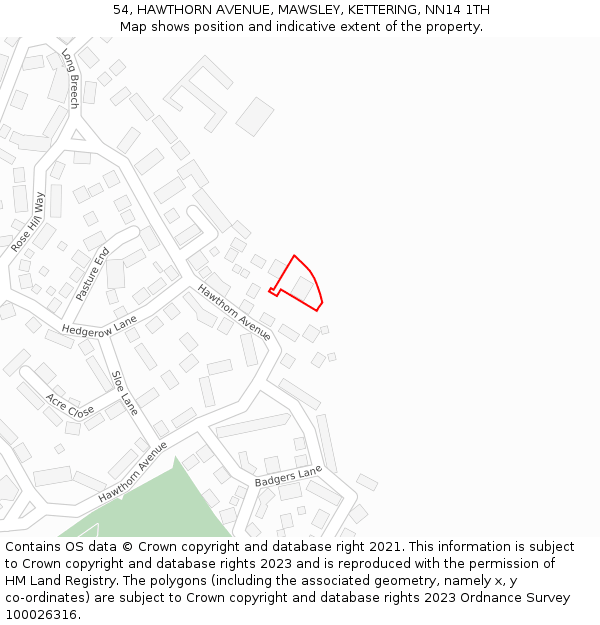 54, HAWTHORN AVENUE, MAWSLEY, KETTERING, NN14 1TH: Location map and indicative extent of plot