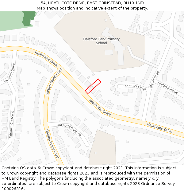 54, HEATHCOTE DRIVE, EAST GRINSTEAD, RH19 1ND: Location map and indicative extent of plot