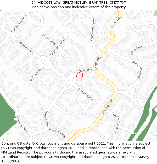 54, HIDCOTE WAY, GREAT NOTLEY, BRAINTREE, CM77 7XT: Location map and indicative extent of plot