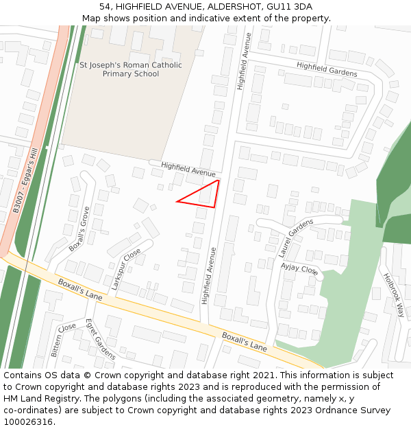 54, HIGHFIELD AVENUE, ALDERSHOT, GU11 3DA: Location map and indicative extent of plot