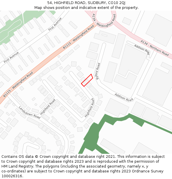 54, HIGHFIELD ROAD, SUDBURY, CO10 2QJ: Location map and indicative extent of plot