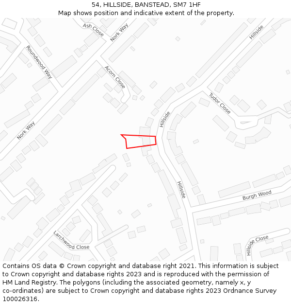 54, HILLSIDE, BANSTEAD, SM7 1HF: Location map and indicative extent of plot