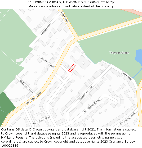 54, HORNBEAM ROAD, THEYDON BOIS, EPPING, CM16 7JX: Location map and indicative extent of plot