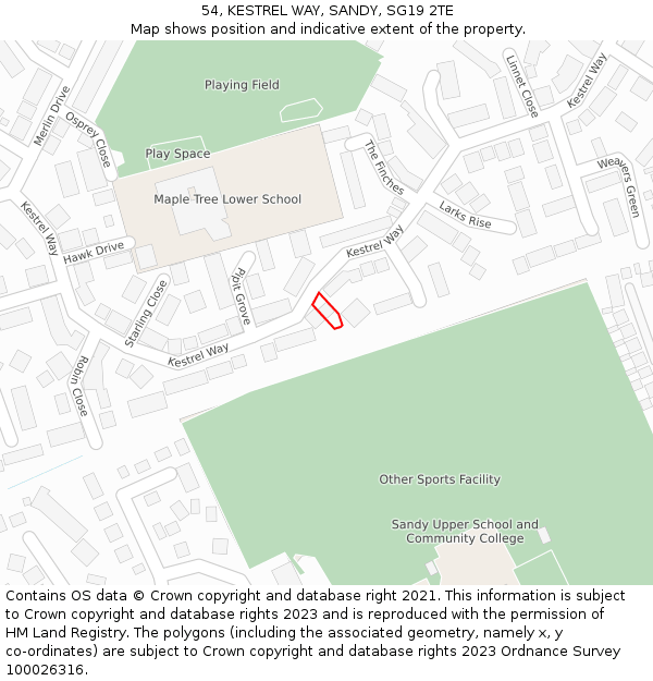 54, KESTREL WAY, SANDY, SG19 2TE: Location map and indicative extent of plot