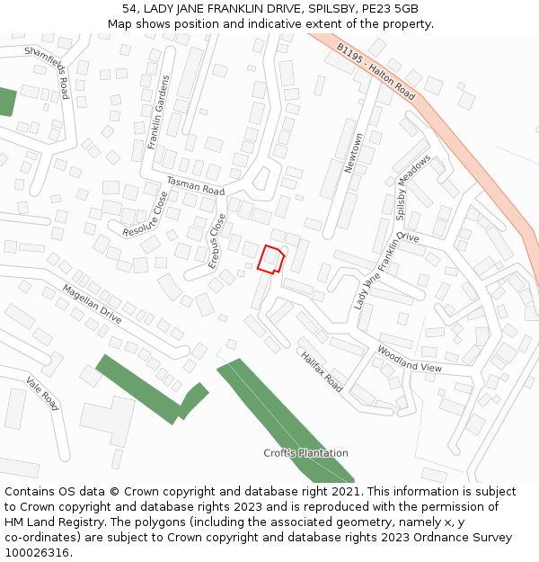 54, LADY JANE FRANKLIN DRIVE, SPILSBY, PE23 5GB: Location map and indicative extent of plot