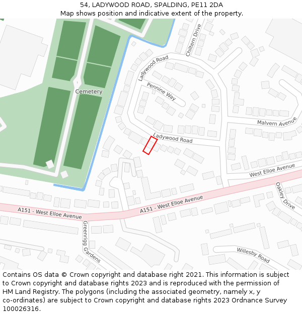 54, LADYWOOD ROAD, SPALDING, PE11 2DA: Location map and indicative extent of plot