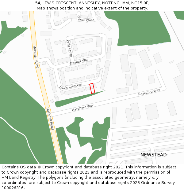 54, LEWIS CRESCENT, ANNESLEY, NOTTINGHAM, NG15 0EJ: Location map and indicative extent of plot
