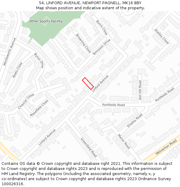 54, LINFORD AVENUE, NEWPORT PAGNELL, MK16 8BY: Location map and indicative extent of plot