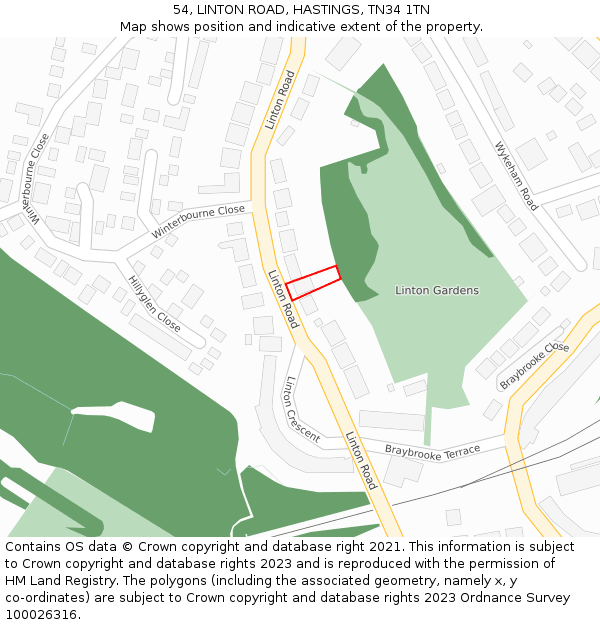 54, LINTON ROAD, HASTINGS, TN34 1TN: Location map and indicative extent of plot