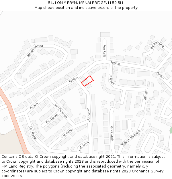 54, LON Y BRYN, MENAI BRIDGE, LL59 5LL: Location map and indicative extent of plot