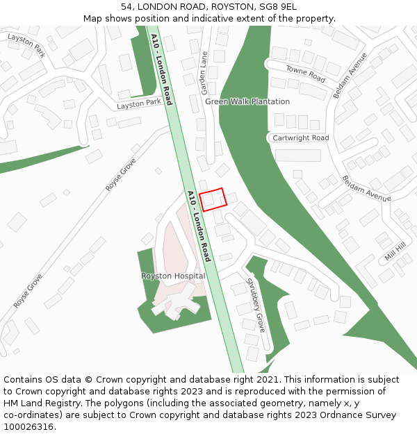 54, LONDON ROAD, ROYSTON, SG8 9EL: Location map and indicative extent of plot