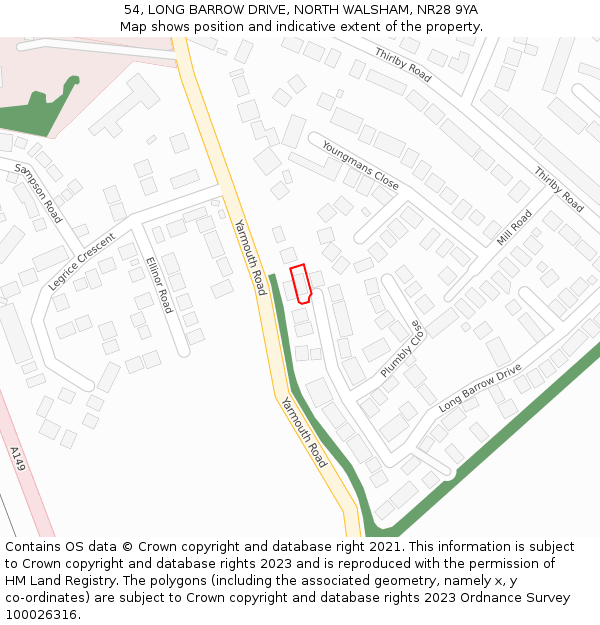 54, LONG BARROW DRIVE, NORTH WALSHAM, NR28 9YA: Location map and indicative extent of plot