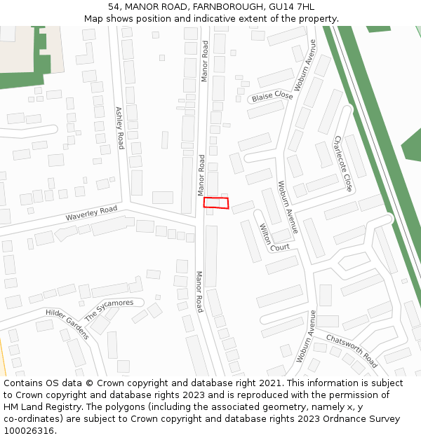 54, MANOR ROAD, FARNBOROUGH, GU14 7HL: Location map and indicative extent of plot