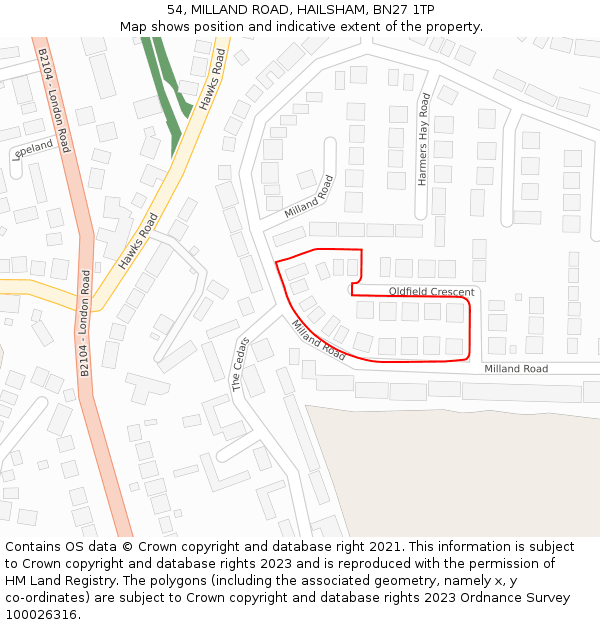 54, MILLAND ROAD, HAILSHAM, BN27 1TP: Location map and indicative extent of plot