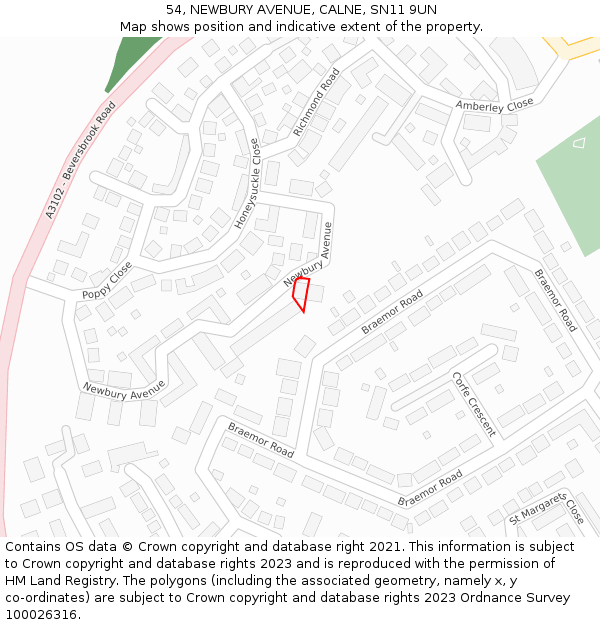 54, NEWBURY AVENUE, CALNE, SN11 9UN: Location map and indicative extent of plot