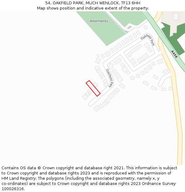 54, OAKFIELD PARK, MUCH WENLOCK, TF13 6HH: Location map and indicative extent of plot