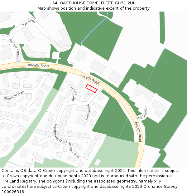 54, OASTHOUSE DRIVE, FLEET, GU51 2UL: Location map and indicative extent of plot