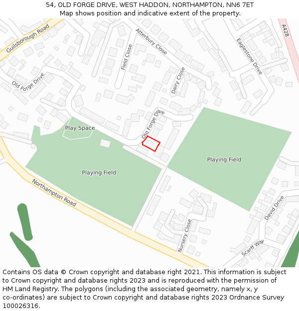 54, OLD FORGE DRIVE, WEST HADDON, NORTHAMPTON, NN6 7ET: Location map and indicative extent of plot