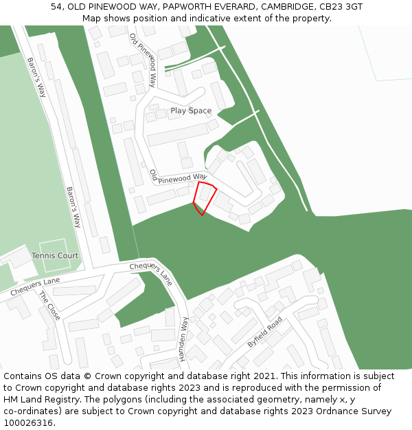 54, OLD PINEWOOD WAY, PAPWORTH EVERARD, CAMBRIDGE, CB23 3GT: Location map and indicative extent of plot
