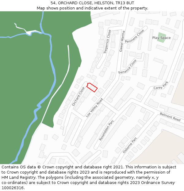 54, ORCHARD CLOSE, HELSTON, TR13 8UT: Location map and indicative extent of plot