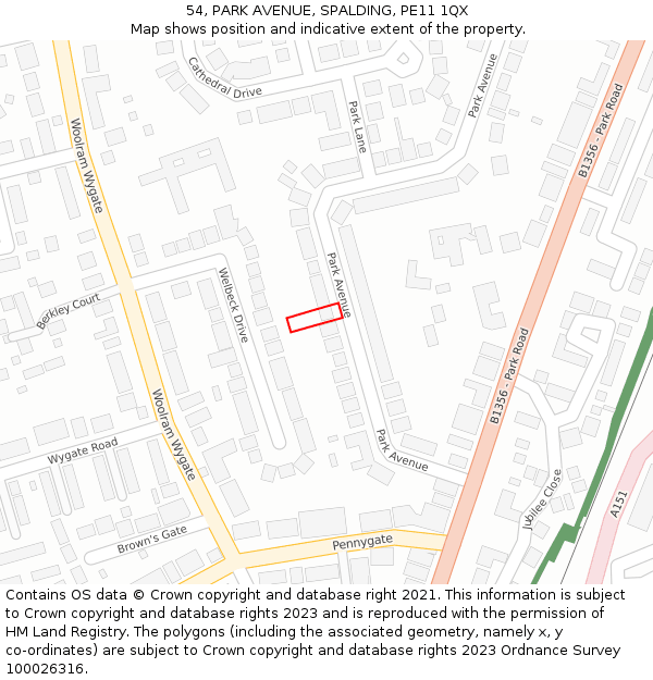 54, PARK AVENUE, SPALDING, PE11 1QX: Location map and indicative extent of plot