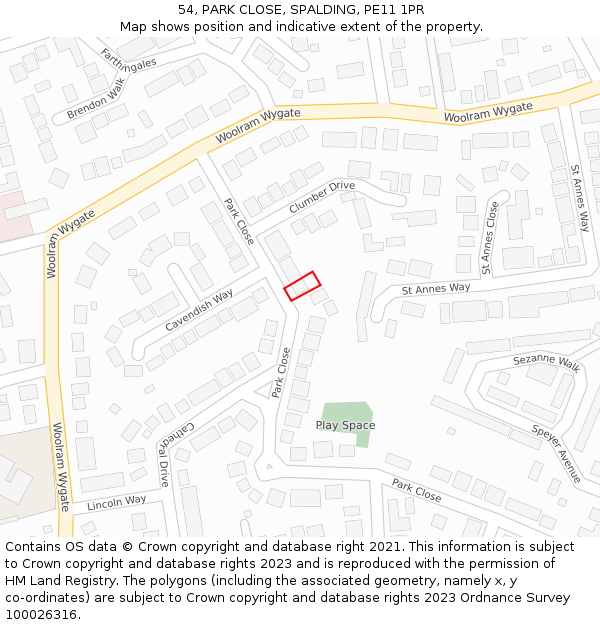 54, PARK CLOSE, SPALDING, PE11 1PR: Location map and indicative extent of plot